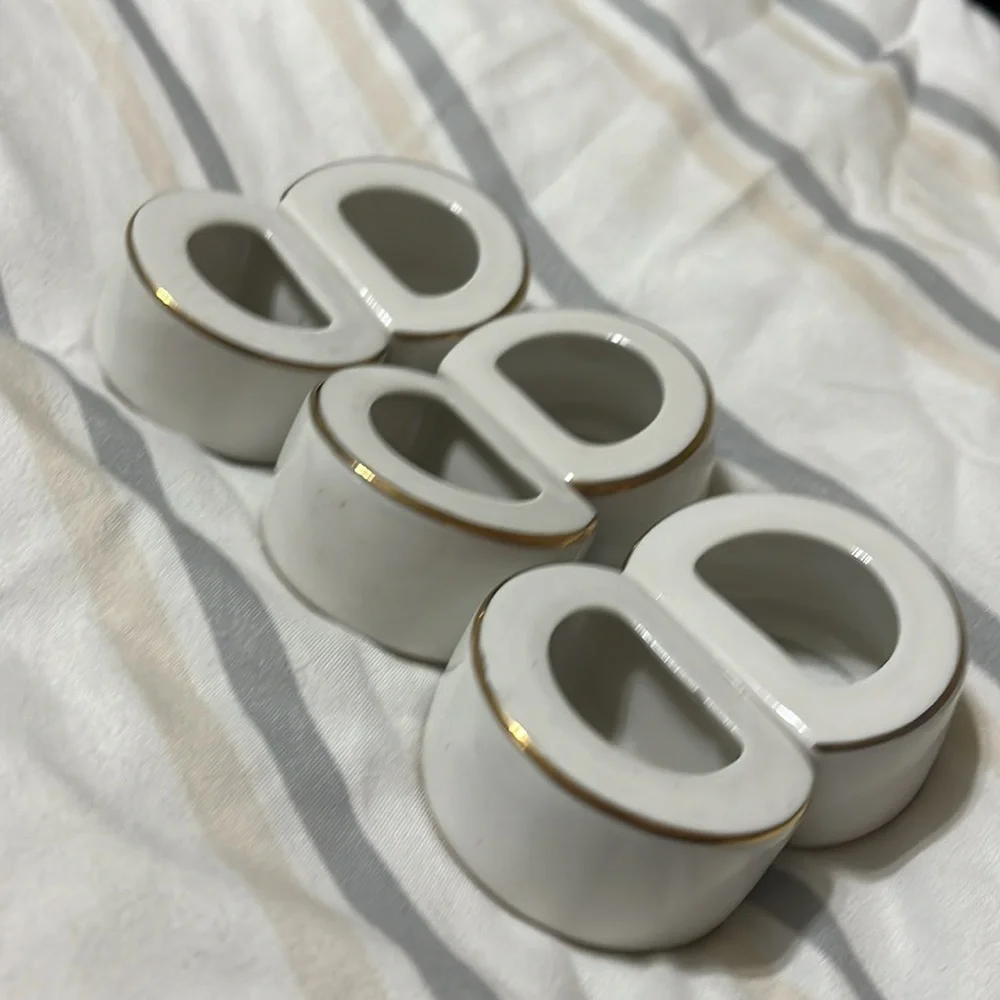Ceramic Vintage Napkin Ring Holders White With Gold Trim Hostess Party Set of 6